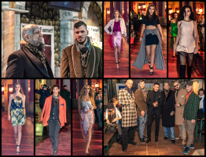 A collage of runway photos from an outdoor fashion show.