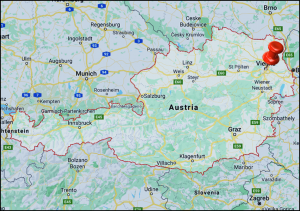 A map of Austria with a red push pin in the upper right marking the city of Vienna.
